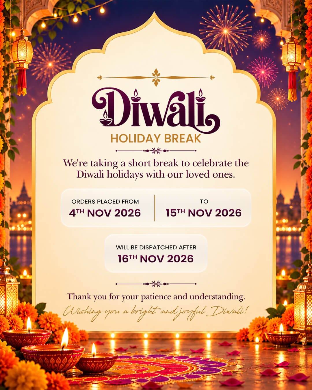 Diwali holiday break. Orders placed from 4 Nov 2026 to 15 Nov 2026 will be dispatched after 16 Nov 2026. Thank you for your patience and understanding. Wishing you a bright and joyful Diwali!